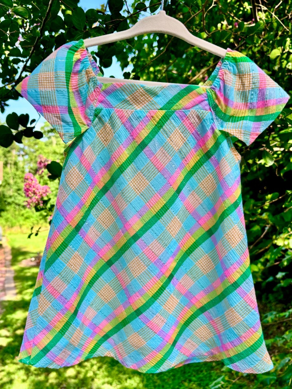 Crown & Ivy Rainbow Plaid Flutter Sleeve Dress
